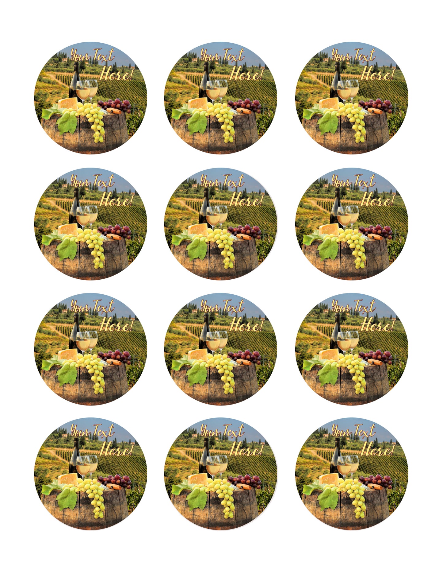 White Wine with Barrel on Vineyard - Edible Cake Topper, Cupcake Toppers, Strips