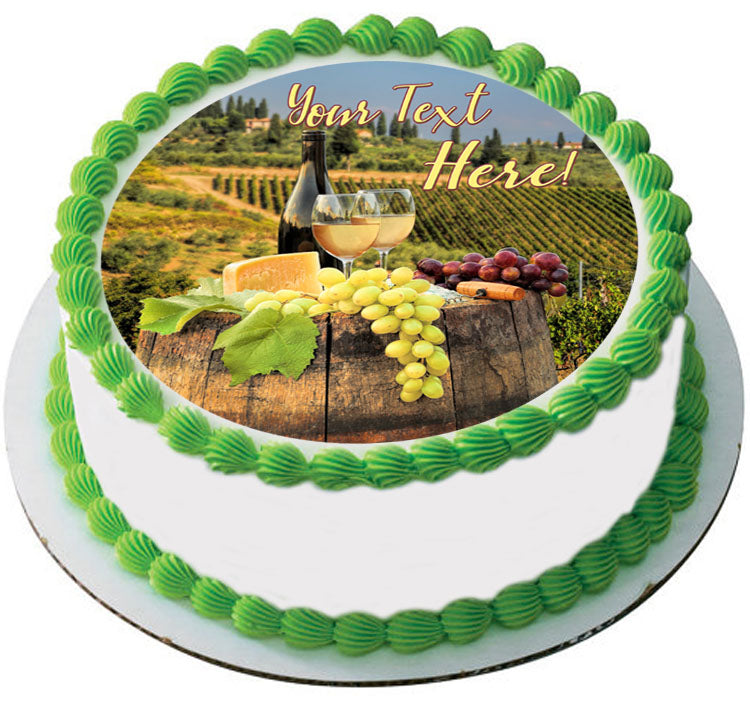 White Wine with Barrel on Vineyard - Edible Cake Topper, Cupcake Toppers, Strips
