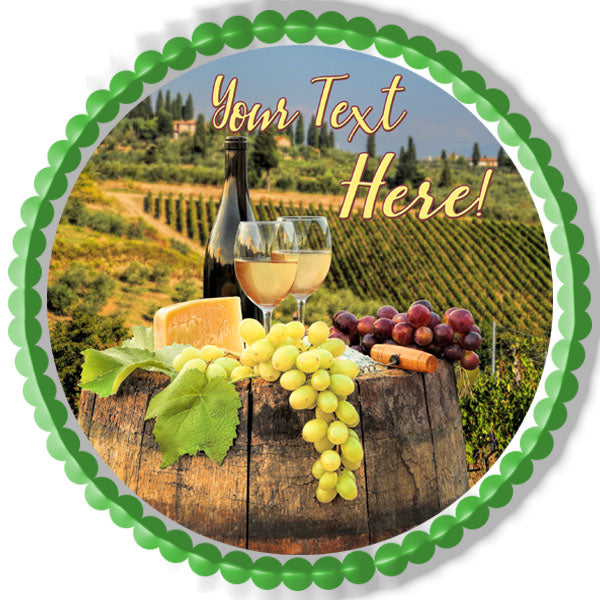 White Wine with Barrel on Vineyard - Edible Cake Topper, Cupcake Toppers, Strips