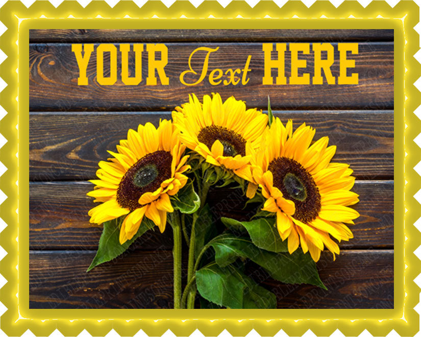 Yellow Sunflower Bouquet on Wooden Rustic - Edible Cake Topper, Cupcake Toppers, Strips