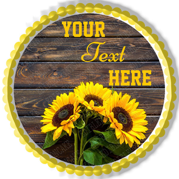 Yellow Sunflower Bouquet on Wooden Rustic - Edible Cake Topper, Cupcake Toppers, Strips