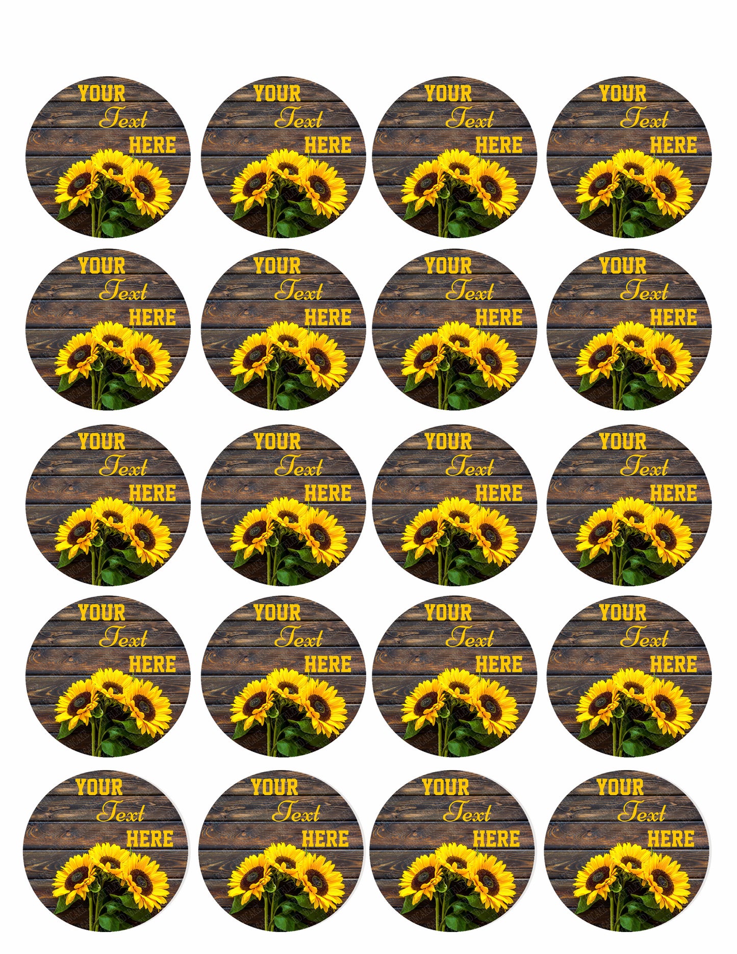 Yellow Sunflower Bouquet on Wooden Rustic - Edible Cake Topper, Cupcake Toppers, Strips