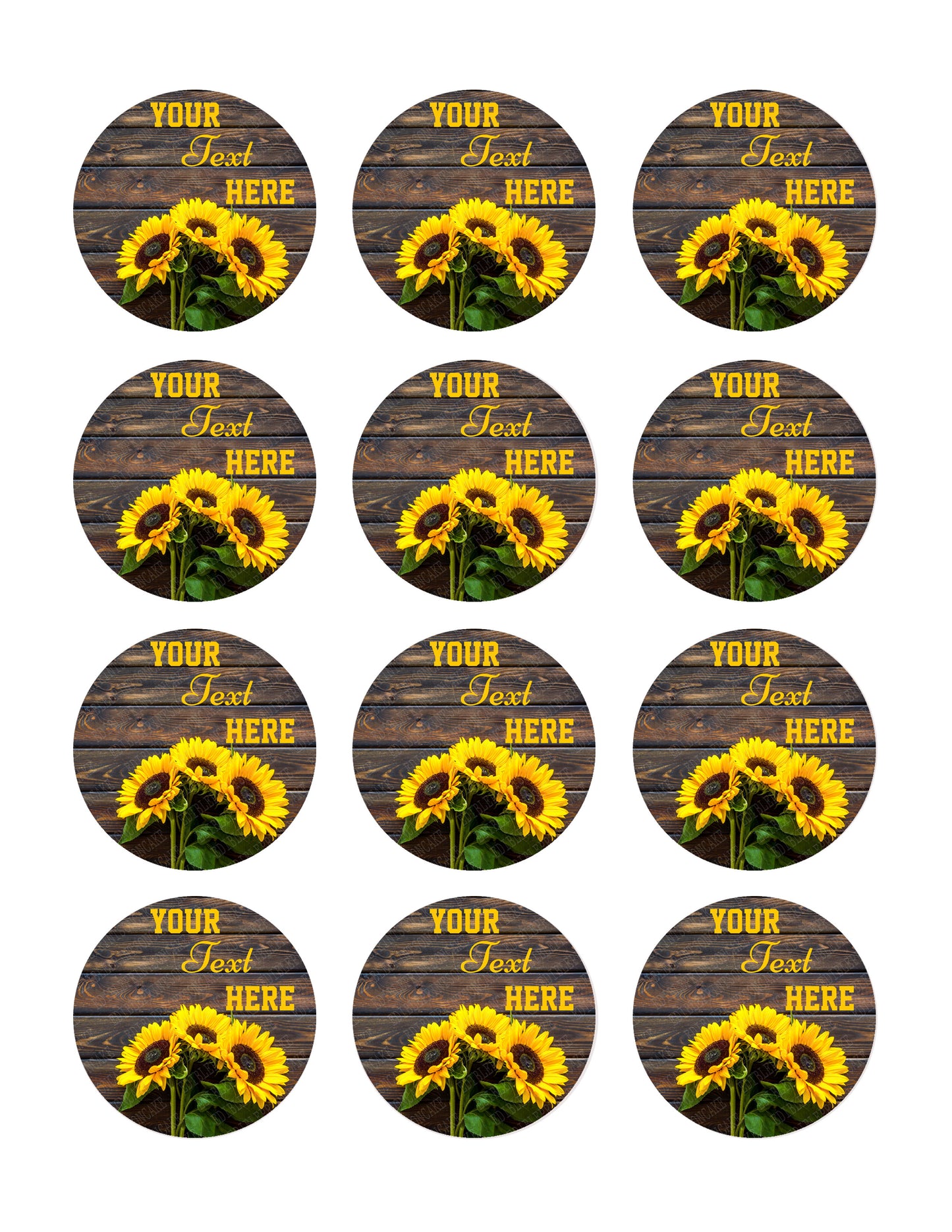 Yellow Sunflower Bouquet on Wooden Rustic - Edible Cake Topper, Cupcake Toppers, Strips
