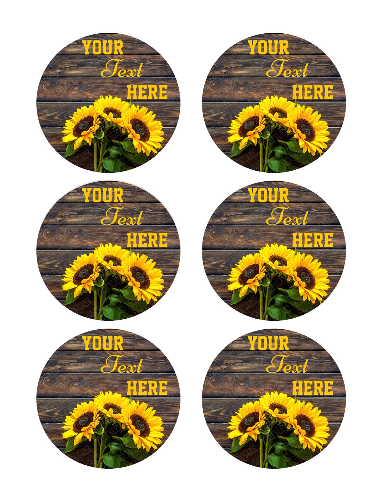 Yellow Sunflower Bouquet on Wooden Rustic - Edible Cake Topper, Cupcake Toppers, Strips