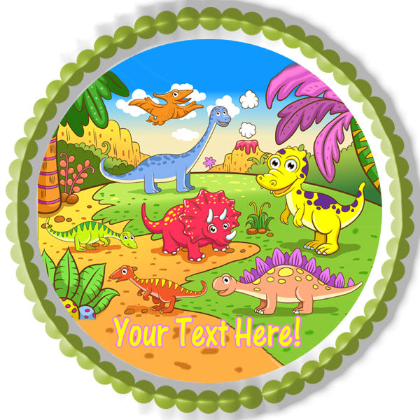 Cute dinosaurs in prehistoric scene - Edible Cake Topper, Cupcake Toppers, Strips