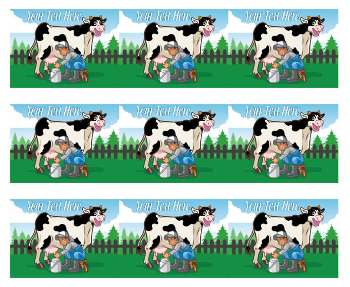 Happy cow illustration while the farmer milking - Edible Cake Topper, Cupcake Toppers, Strips