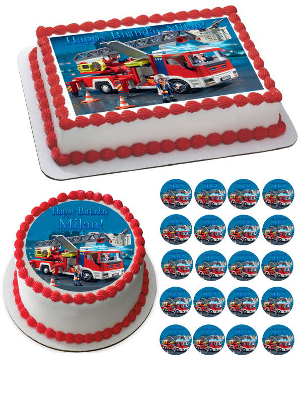 Lego Fire Truck Edible Birthday Cake Topper OR Cupcake Topper, Decor - Edible Prints On Cake (Edible Cake &Cupcake Topper)