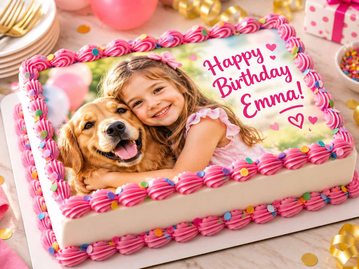 Custom Edible Cake or Cupcake Topper with own picture: Create Your Special Event with Custom Edible Image Toppers - Upload Photos for Unique, Stylish Designs on Rectangular, Round Cakes or Cupcake