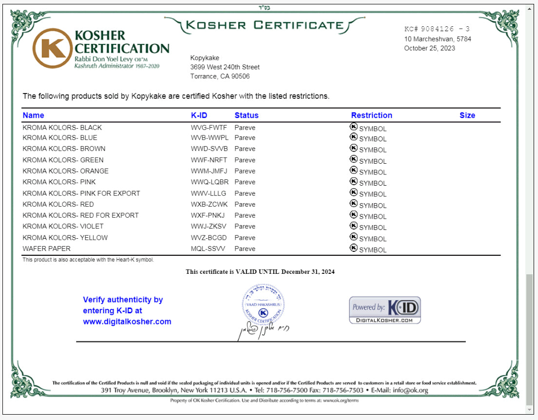 Nutrition Facts, Kosher Certificate for edible shelf, instructions (not for sell, just info)