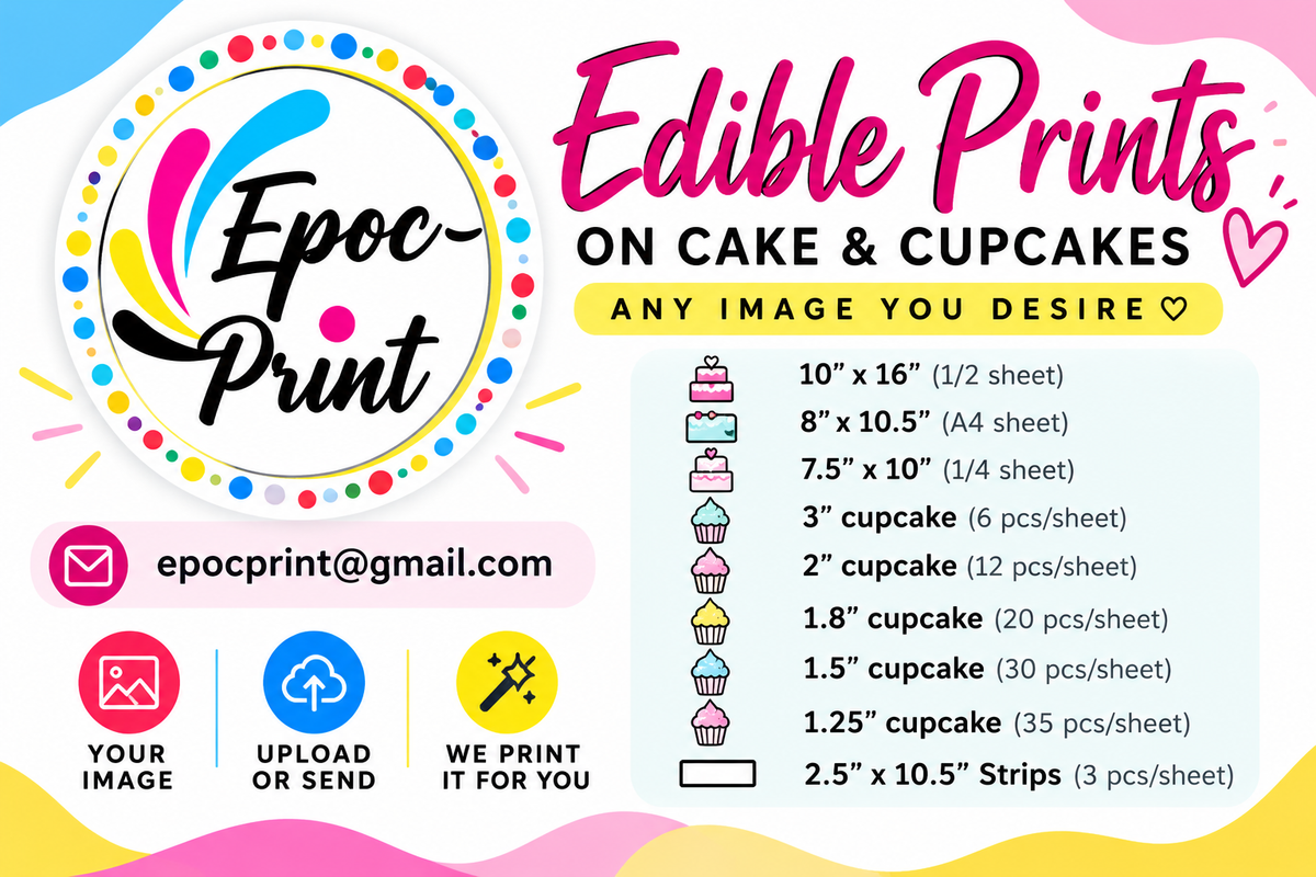 Custom Edible Cake or Cupcake Topper with own picture: Create Your Special Event with Custom Edible Image Toppers - Upload Photos for Unique, Stylish Designs on Rectangular, Round Cakes or Cupcake