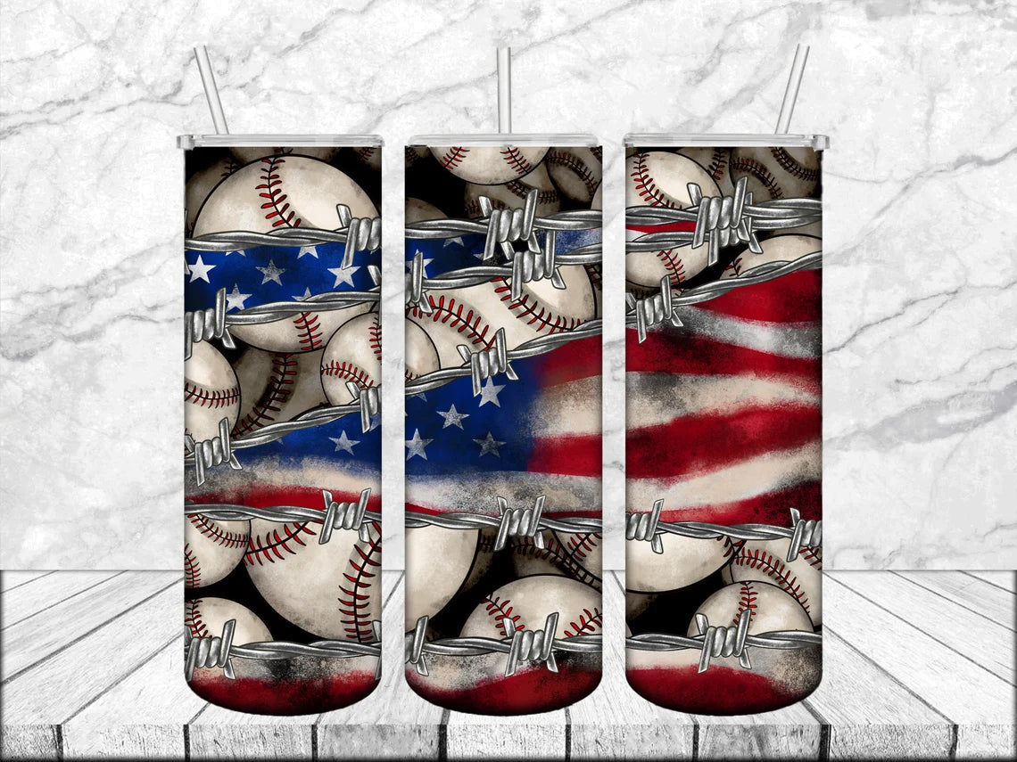 Baseball American Flag Tumbler, Baseball 20oz Tumbler, 20 Oz. Skinny Tumbler