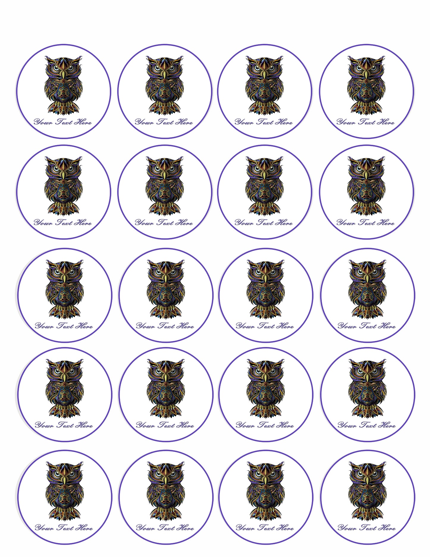 Owl drawn - Edible Cake Topper, Cupcake Toppers, Strips