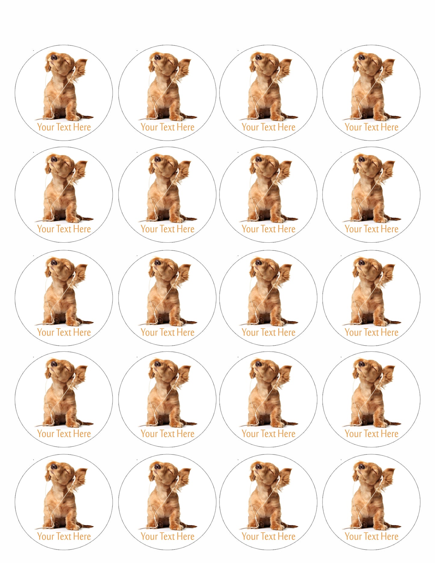Young puppy listening to music - Edible Cake Topper, Cupcake Toppers, Strips