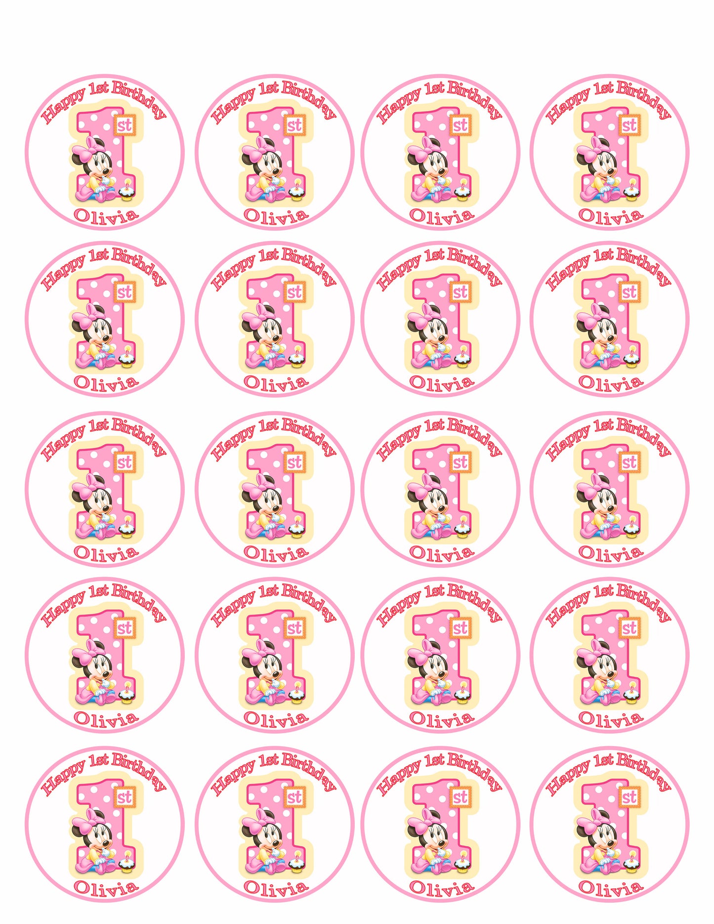 BABY MINNIE MOUSE 1st Birthday B - Edible Cake Topper, Cupcake Toppers, Strips