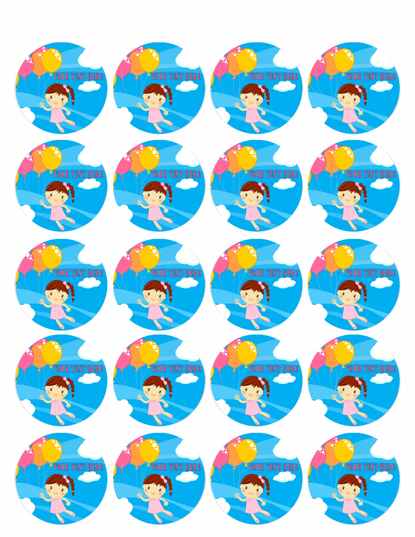 Little girl flying with baloons - Edible Cake Topper, Cupcake Toppers, Strips