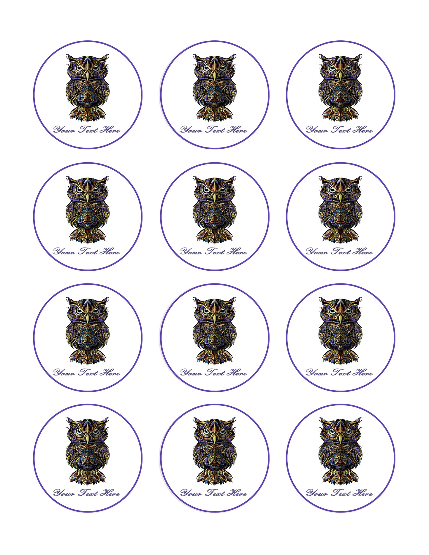Owl drawn - Edible Cake Topper, Cupcake Toppers, Strips
