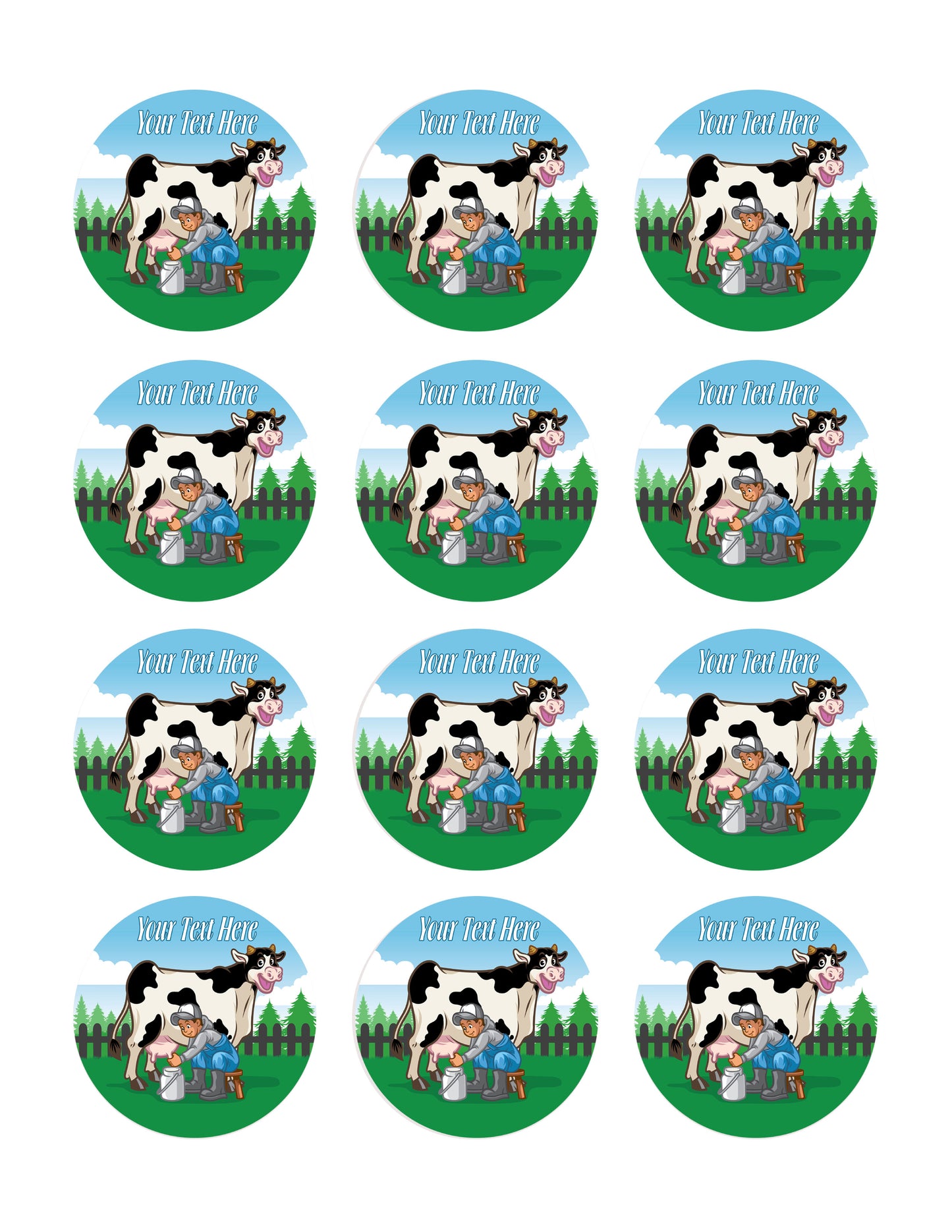 Happy cow illustration while the farmer milking - Edible Cake Topper, Cupcake Toppers, Strips
