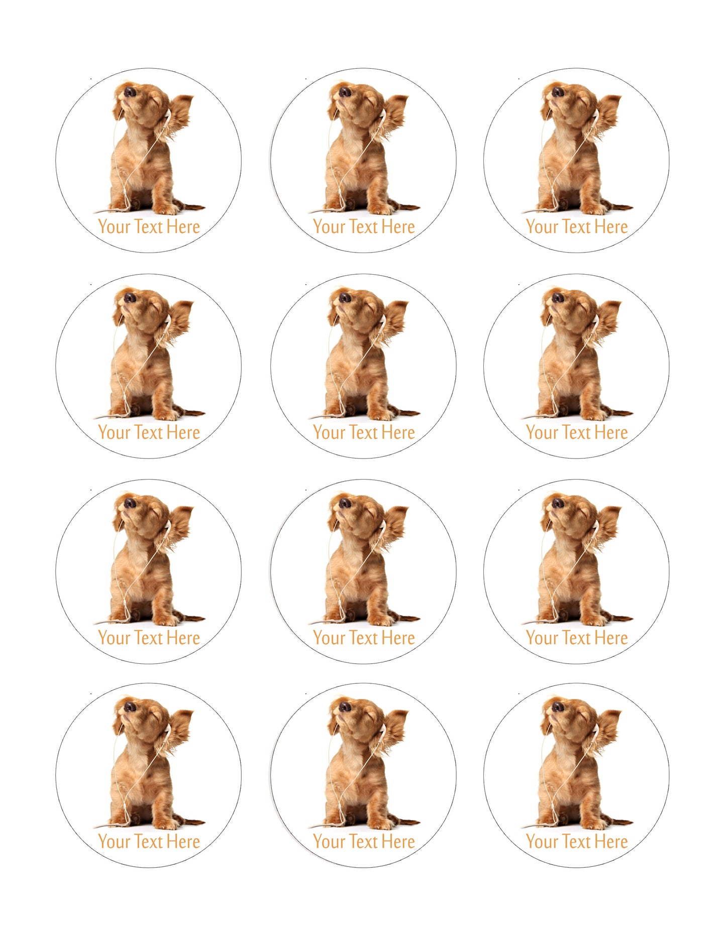 Young puppy listening to music - Edible Cake Topper, Cupcake Toppers, Strips