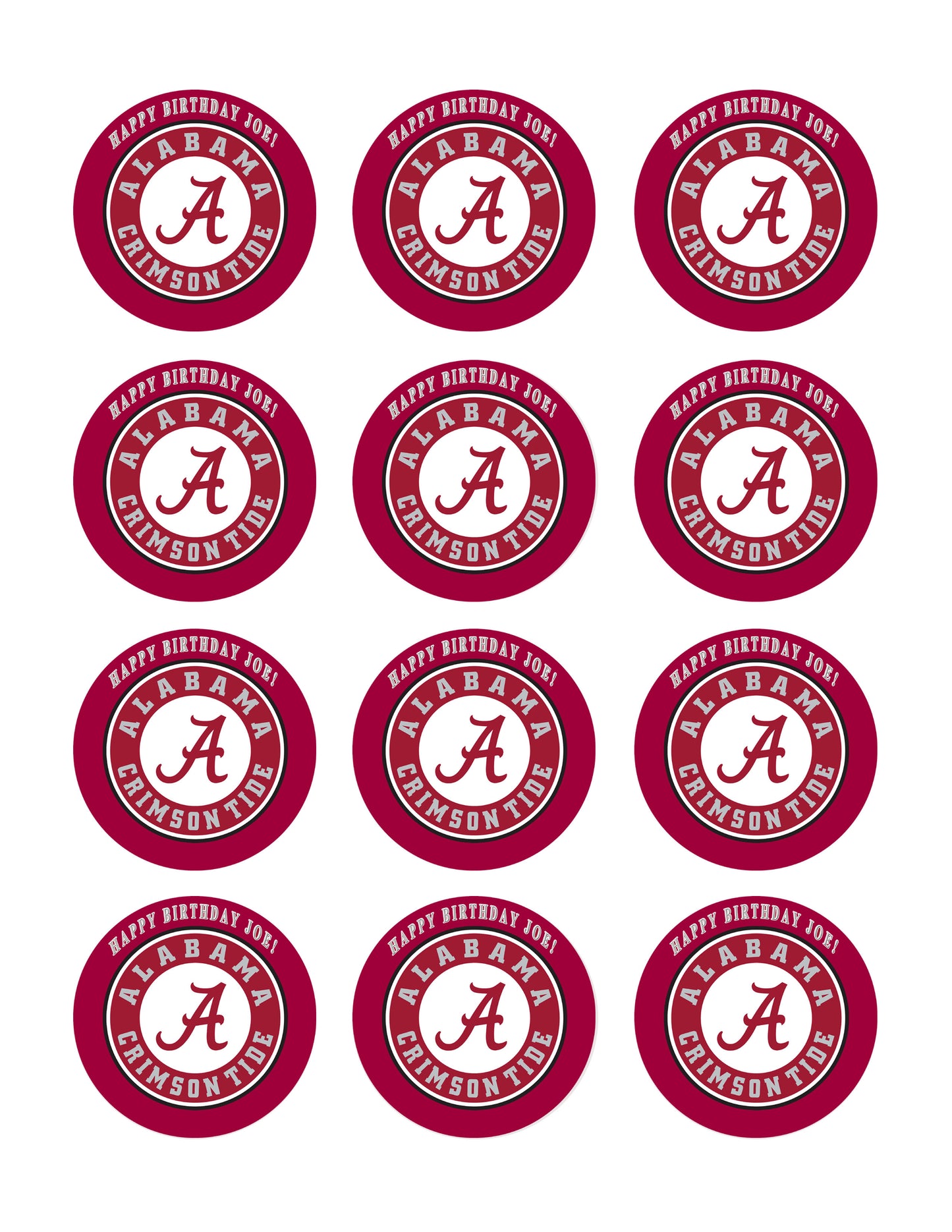 ALABAMA CRIMSON TIDE UNIVERSITY - Edible Cake Topper, Cupcake Toppers, Strips