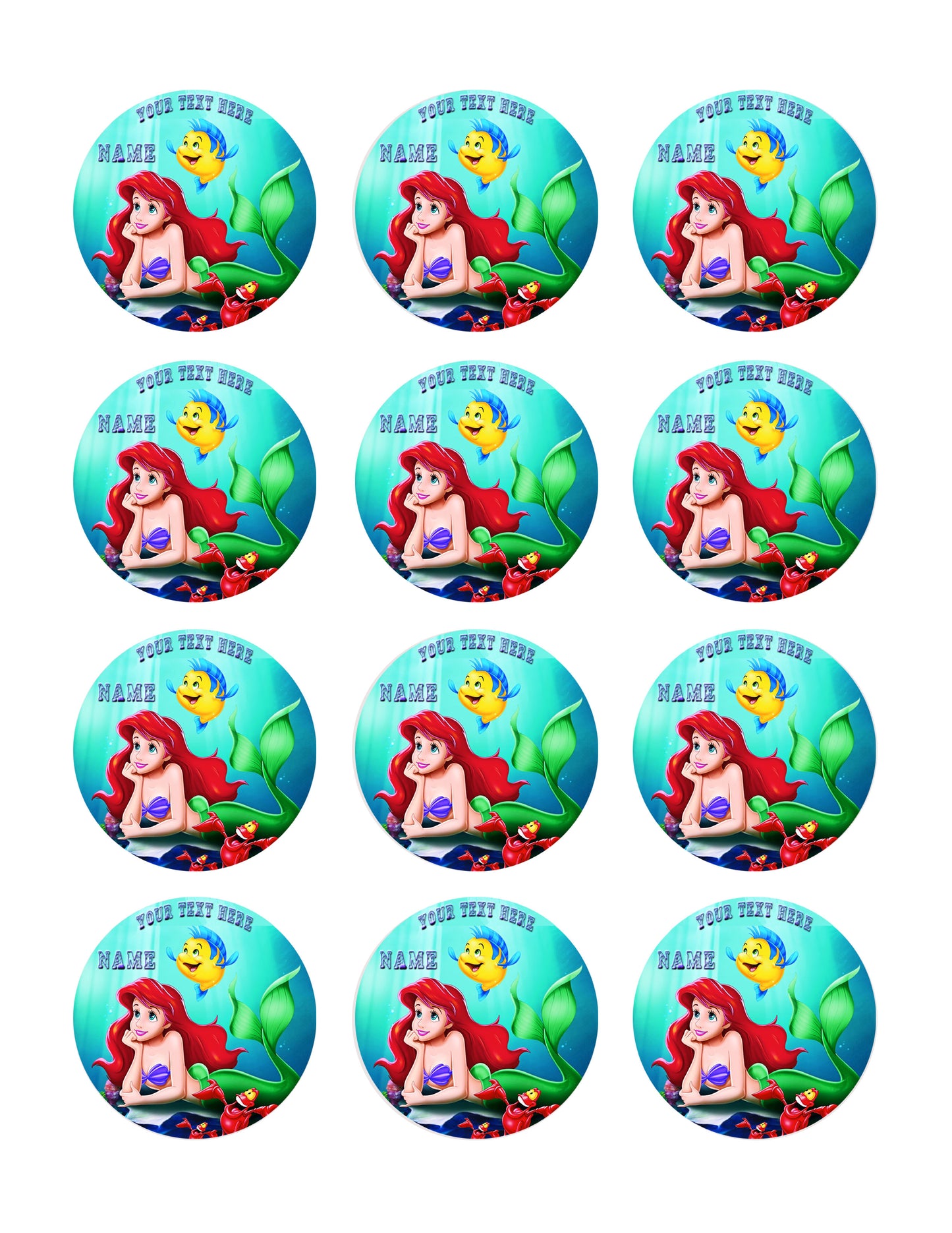 ARIEL THE LITTLE MERMAID - Edible Cake Topper, Cupcake Toppers, Strips