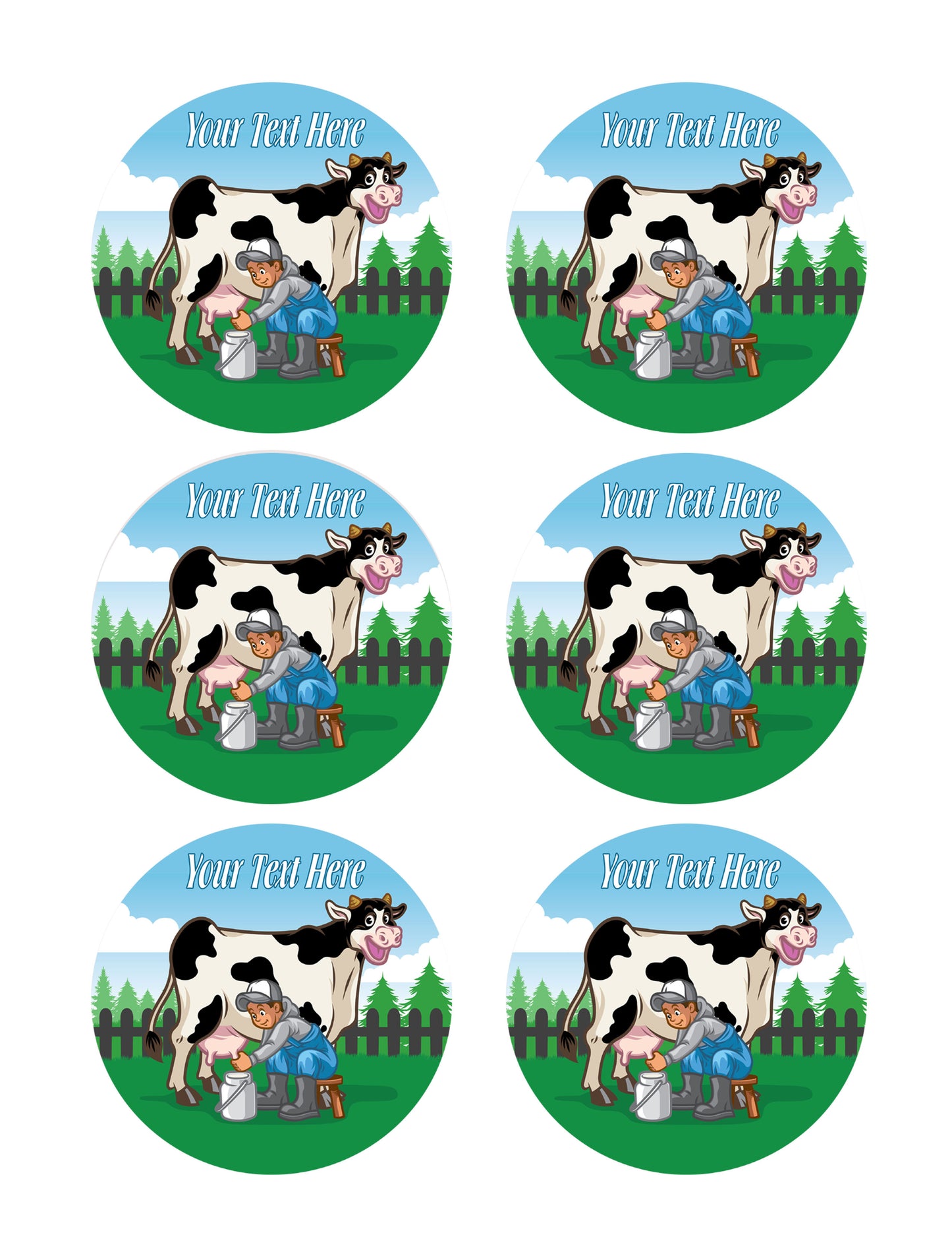 Happy cow illustration while the farmer milking - Edible Cake Topper, Cupcake Toppers, Strips
