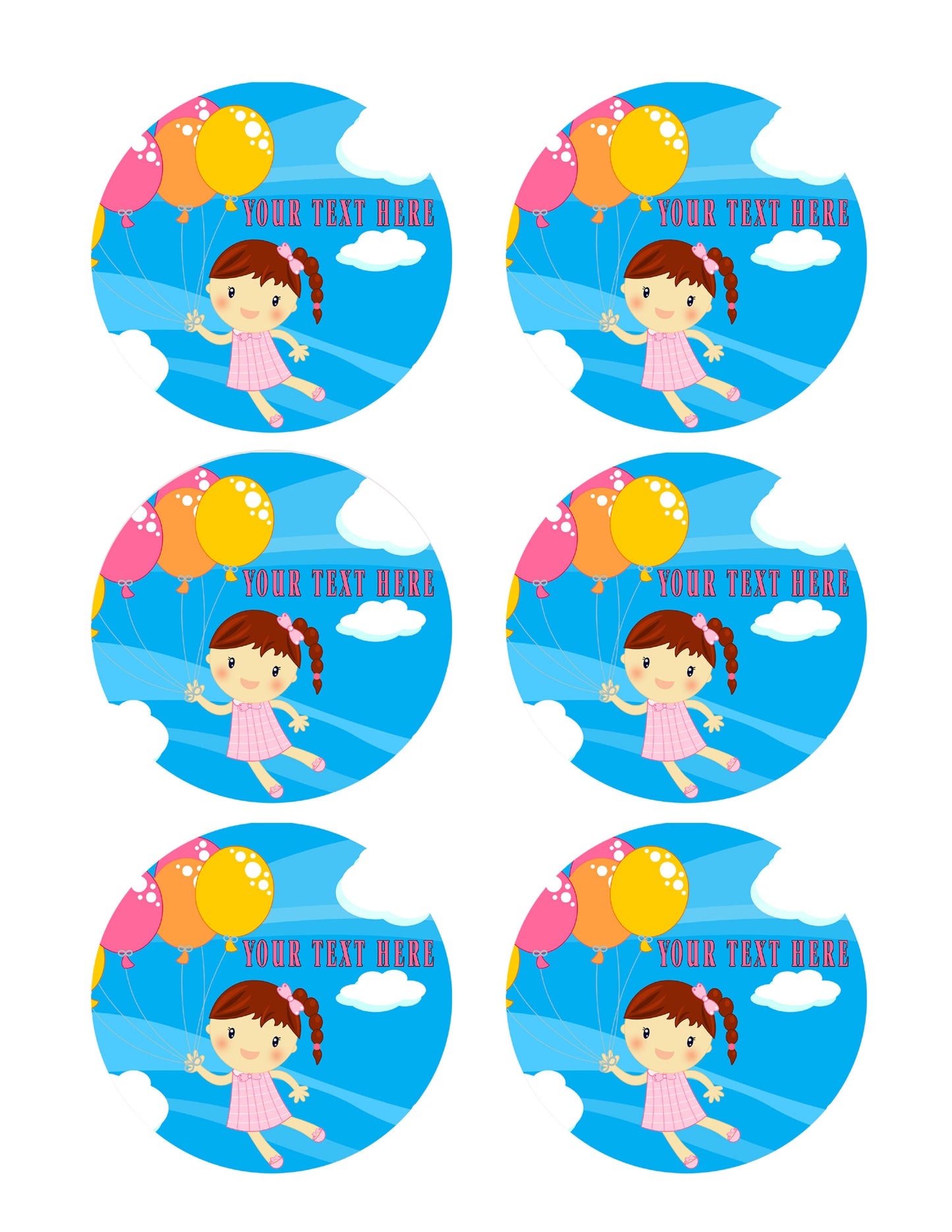 Little girl flying with baloons - Edible Cake Topper, Cupcake Toppers, Strips