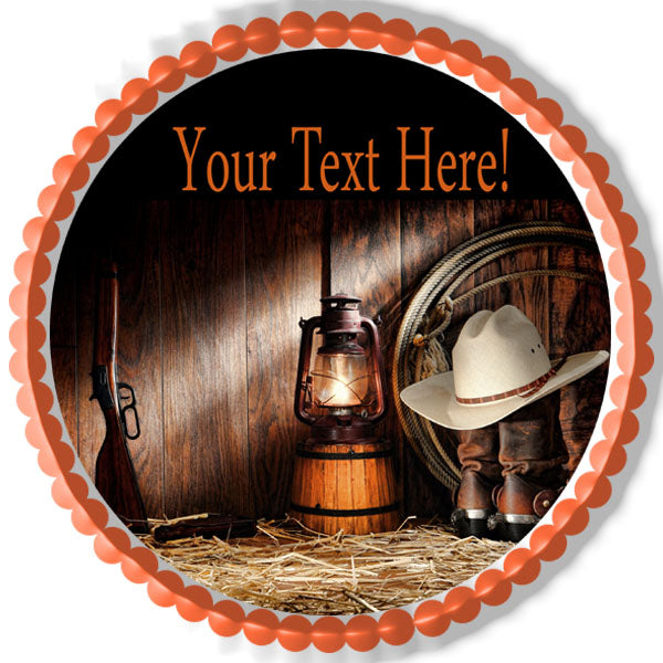 American West Rodeo Old Ranching Tools in a Barn - Edible Cake Topper, Cupcake Toppers, Strips