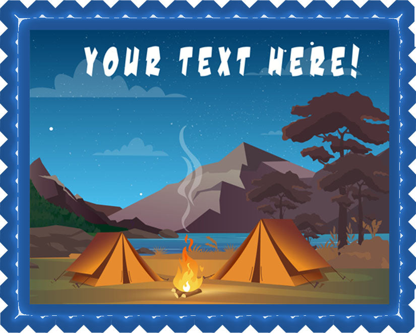 Camping in Night Time Family Camping Tent and Fire - Edible Cake Topper, Cupcake Toppers, Strips