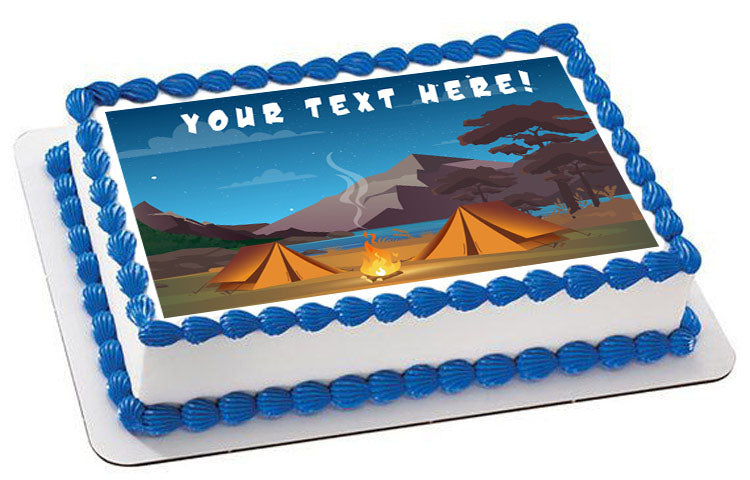 Camping in Night Time Family Camping Tent and Fire - Edible Cake Topper, Cupcake Toppers, Strips