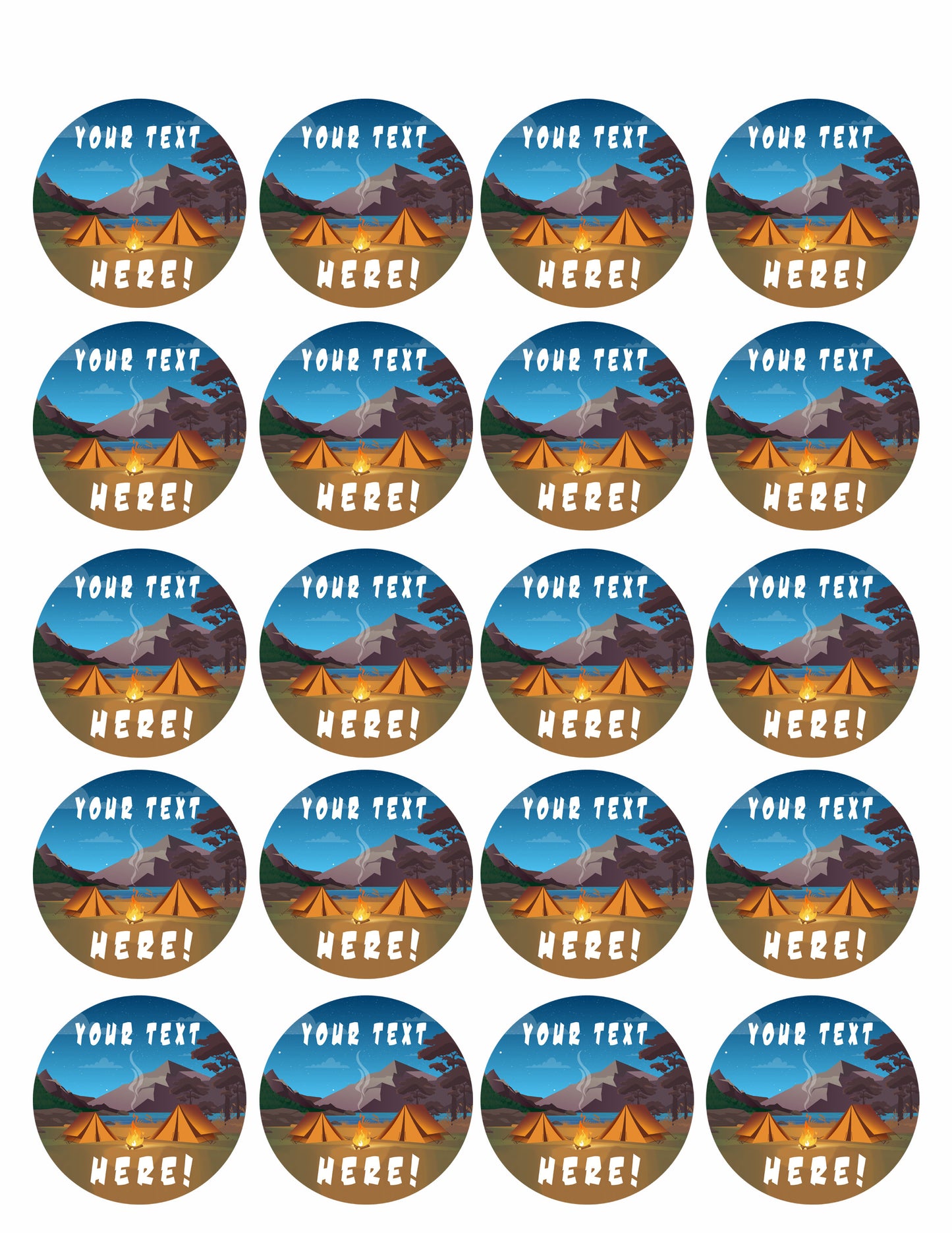 Camping in Night Time Family Camping Tent and Fire - Edible Cake Topper, Cupcake Toppers, Strips