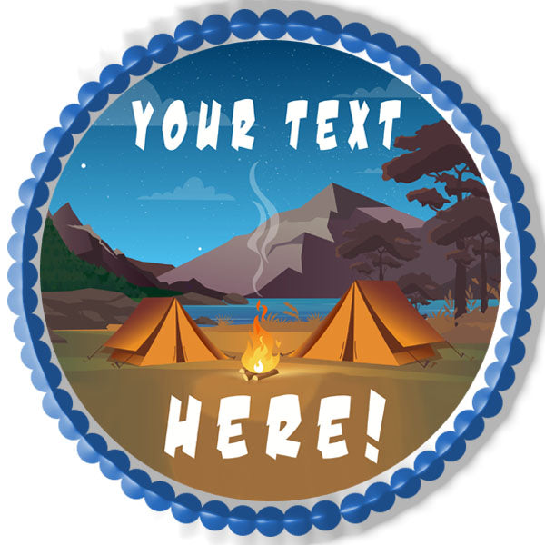 Camping in Night Time Family Camping Tent and Fire - Edible Cake Topper, Cupcake Toppers, Strips