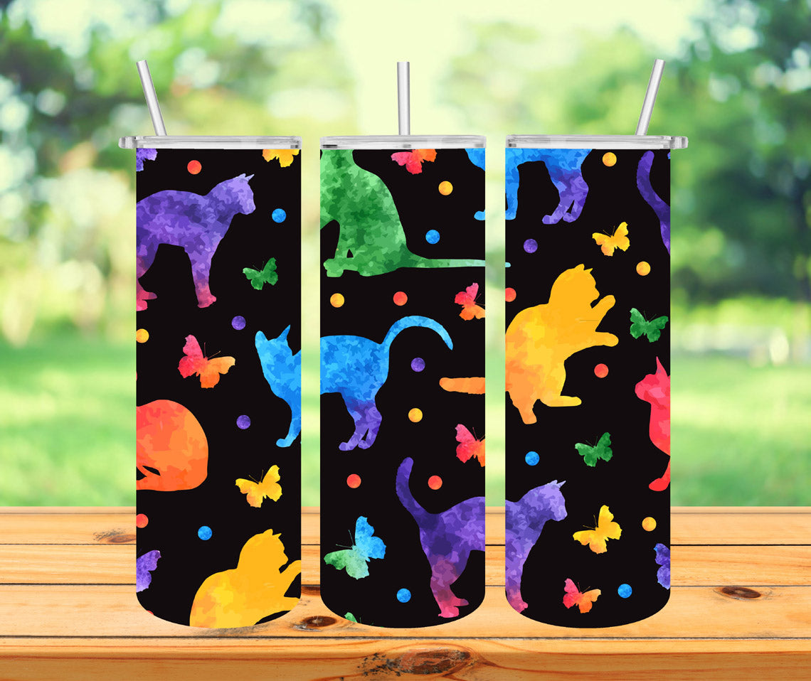 Cats and Butterflies Tumbler with Lid and Straw, Insulated Skinny Tumbler, 20 oz Water Cup