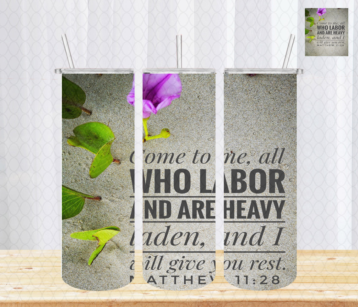 Come to Me with Bible Verse for Christianity with Lid and Straw, Insulated Skinny Tumbler, 20 oz Water Cup