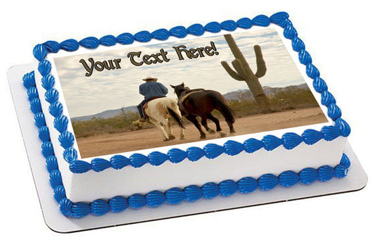 Cowboy with Two Horses - Edible Cake Topper, Cupcake Toppers, Strips