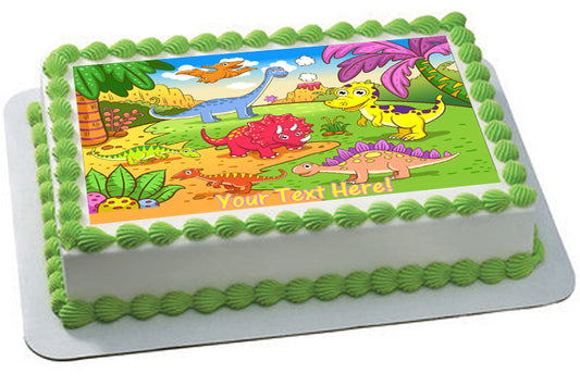 Cute dinosaurs in prehistoric scene - Edible Cake Topper, Cupcake Toppers, Strips