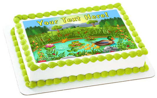 Duck Pond Near the Forest and Mountain - Edible Cake Topper, Cupcake Toppers, Strips