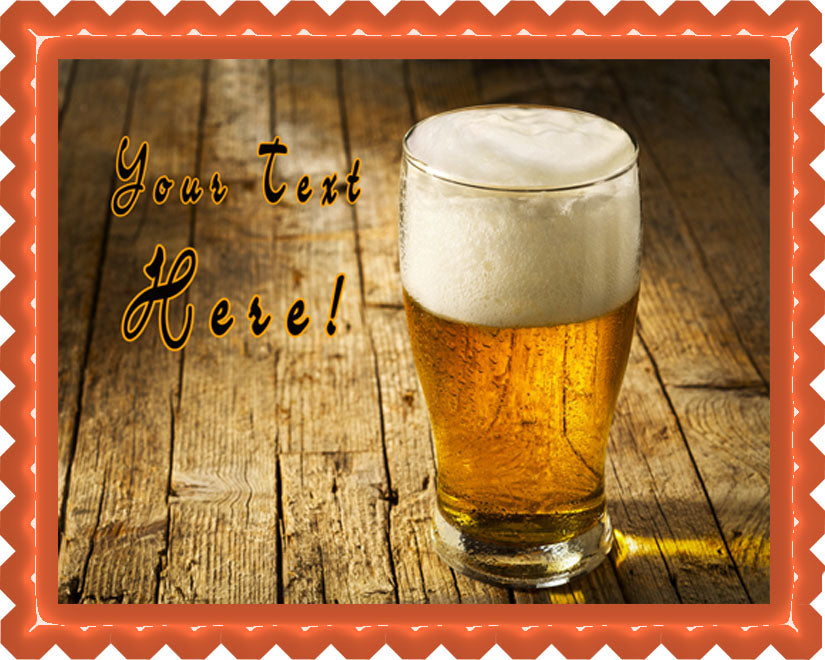 Glass of Beer on Wooden Table - Edible Cake Topper, Cupcake Toppers, Strips