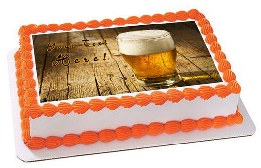 Glass of Beer on Wooden Table - Edible Cake Topper, Cupcake Toppers, Strips