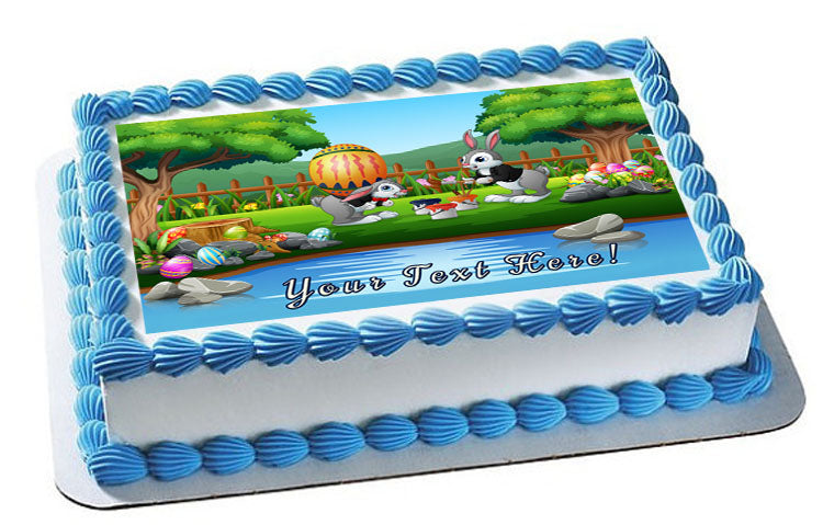 Happy Bunnies Painting a Large Easter Egg - Edible Cake Topper, Cupcake Toppers, Strips