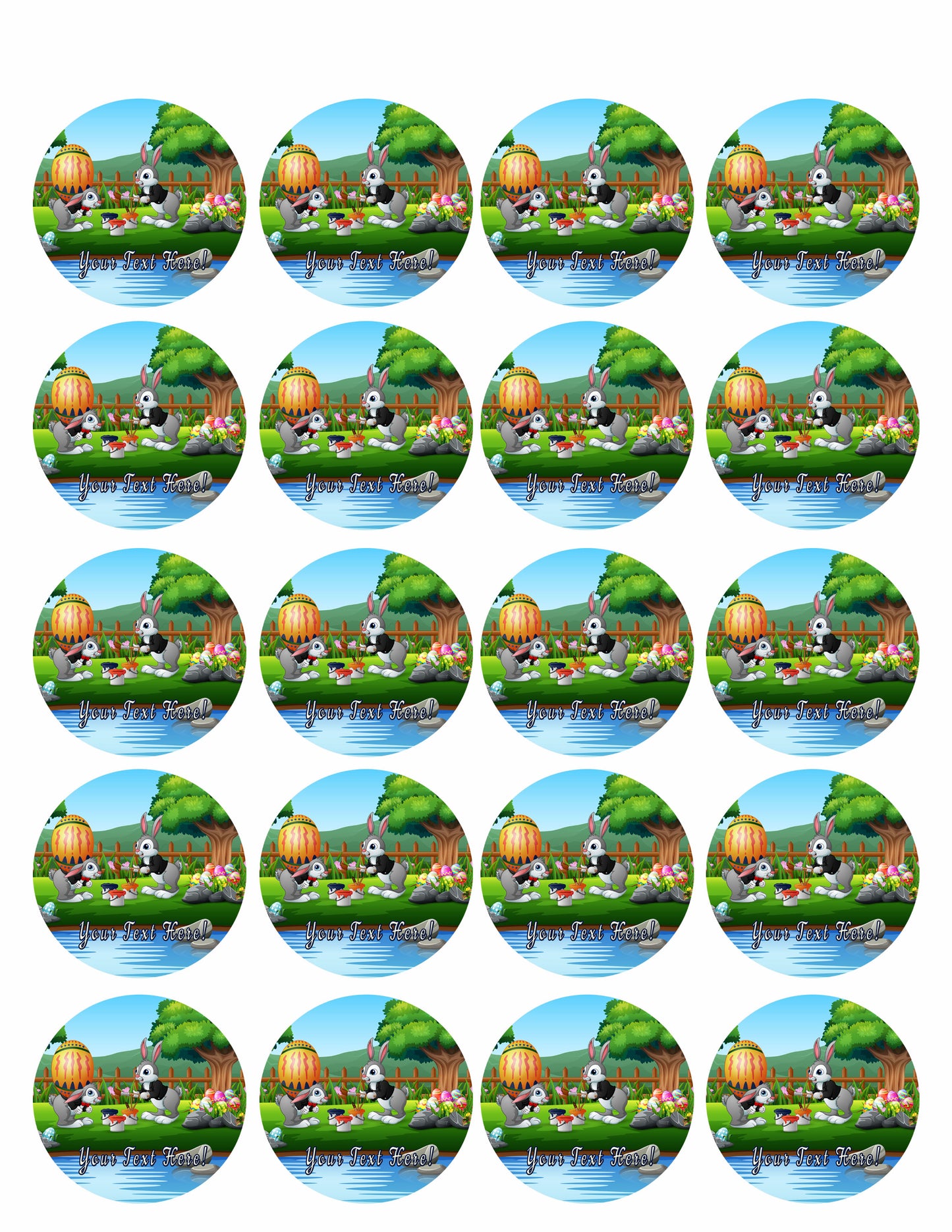 Happy Bunnies Painting a Large Easter Egg - Edible Cake Topper, Cupcake Toppers, Strips