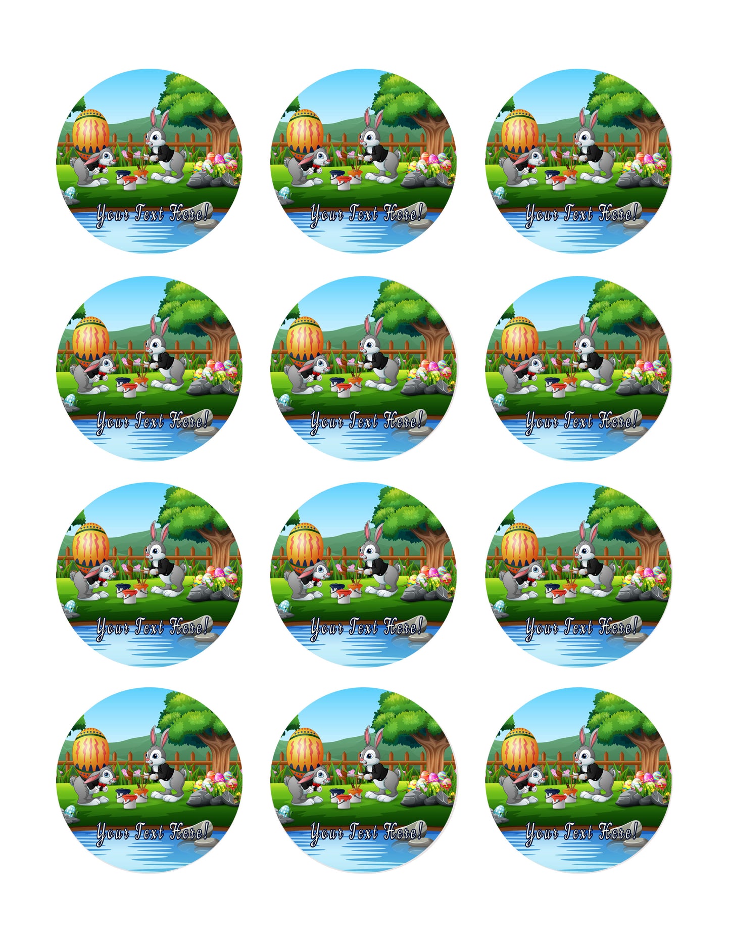 Happy Bunnies Painting a Large Easter Egg - Edible Cake Topper, Cupcake Toppers, Strips