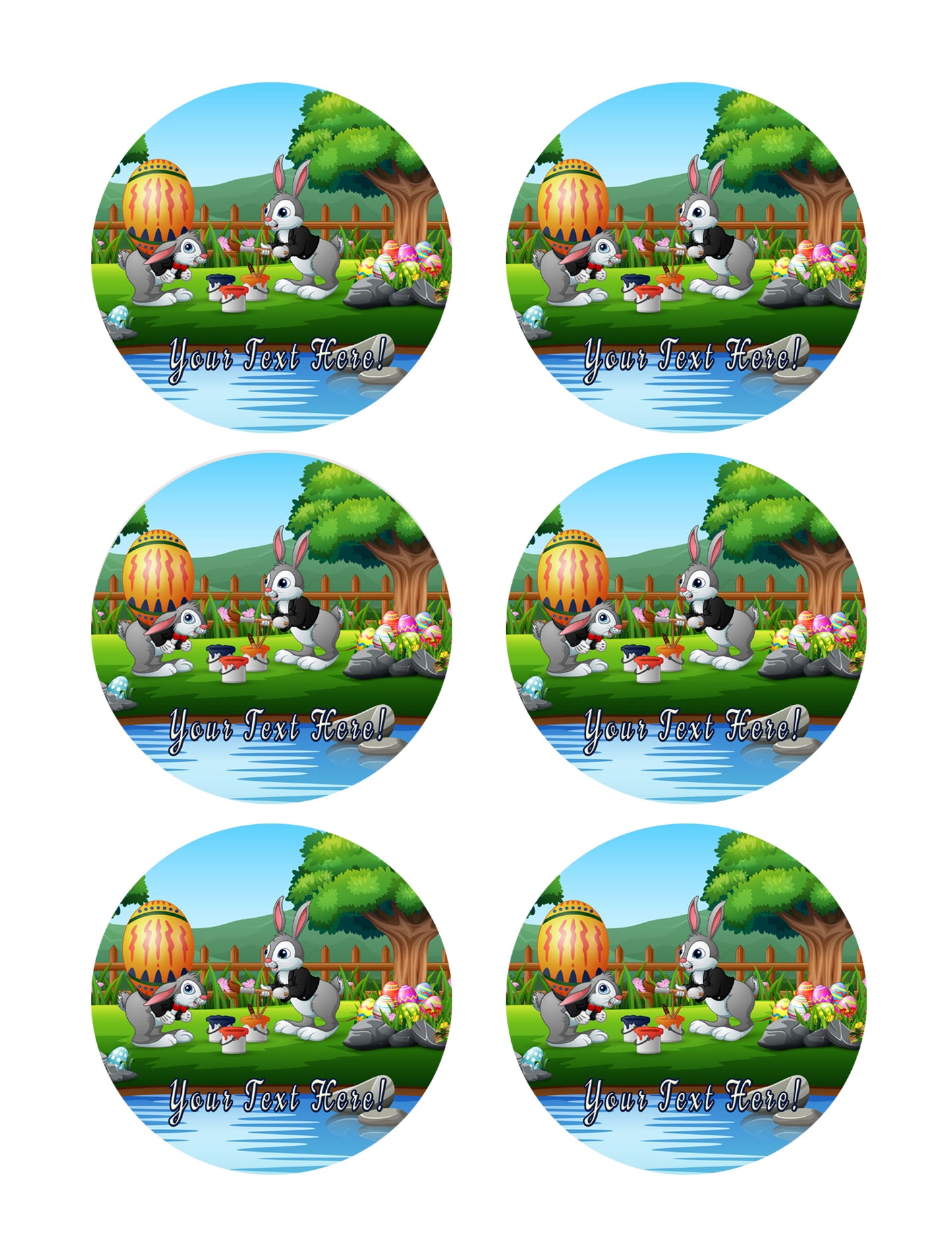 Happy Bunnies Painting a Large Easter Egg - Edible Cake Topper, Cupcake Toppers, Strips