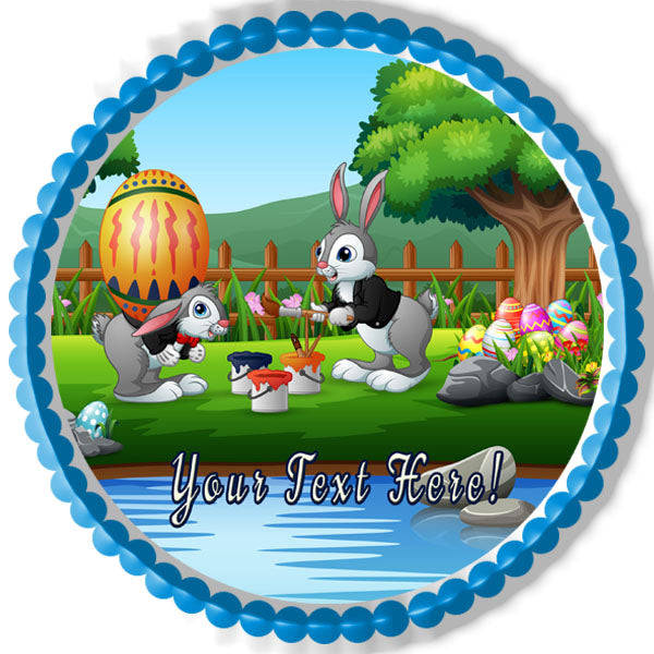 Happy Bunnies Painting a Large Easter Egg - Edible Cake Topper, Cupcake Toppers, Strips