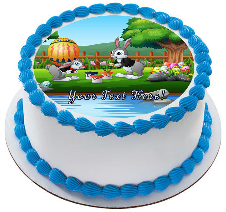Happy Bunnies Painting a Large Easter Egg - Edible Cake Topper, Cupcake Toppers, Strips