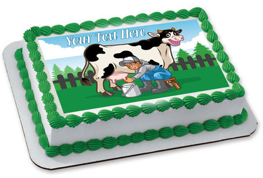 Happy cow illustration while the farmer milking - Edible Cake Topper, Cupcake Toppers, Strips