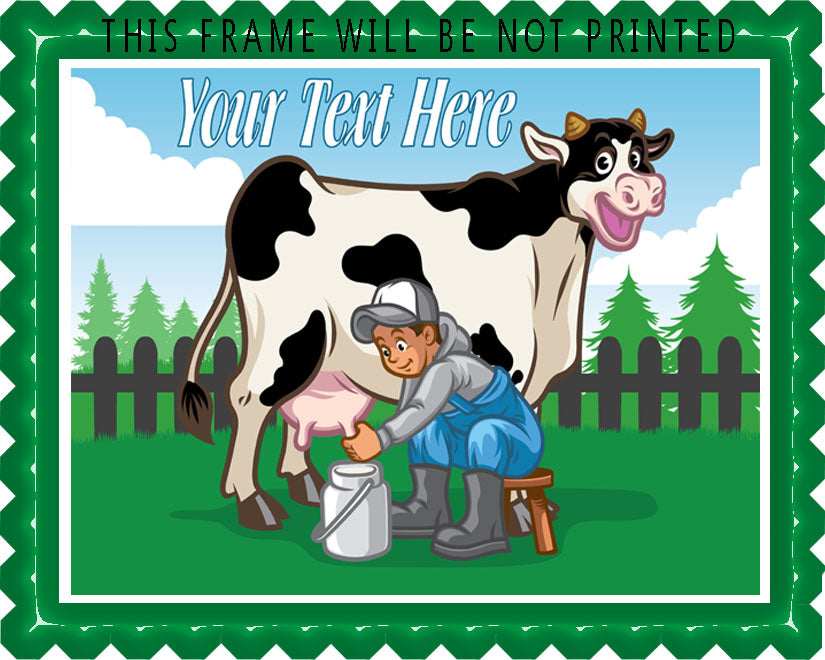 Happy cow illustration while the farmer milking - Edible Cake Topper, Cupcake Toppers, Strips