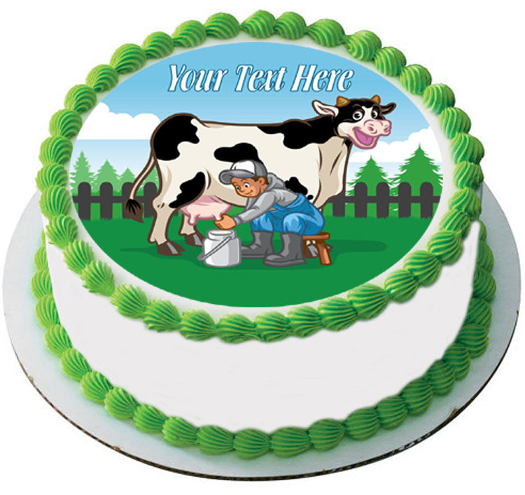 Happy cow illustration while the farmer milking - Edible Cake Topper, Cupcake Toppers, Strips