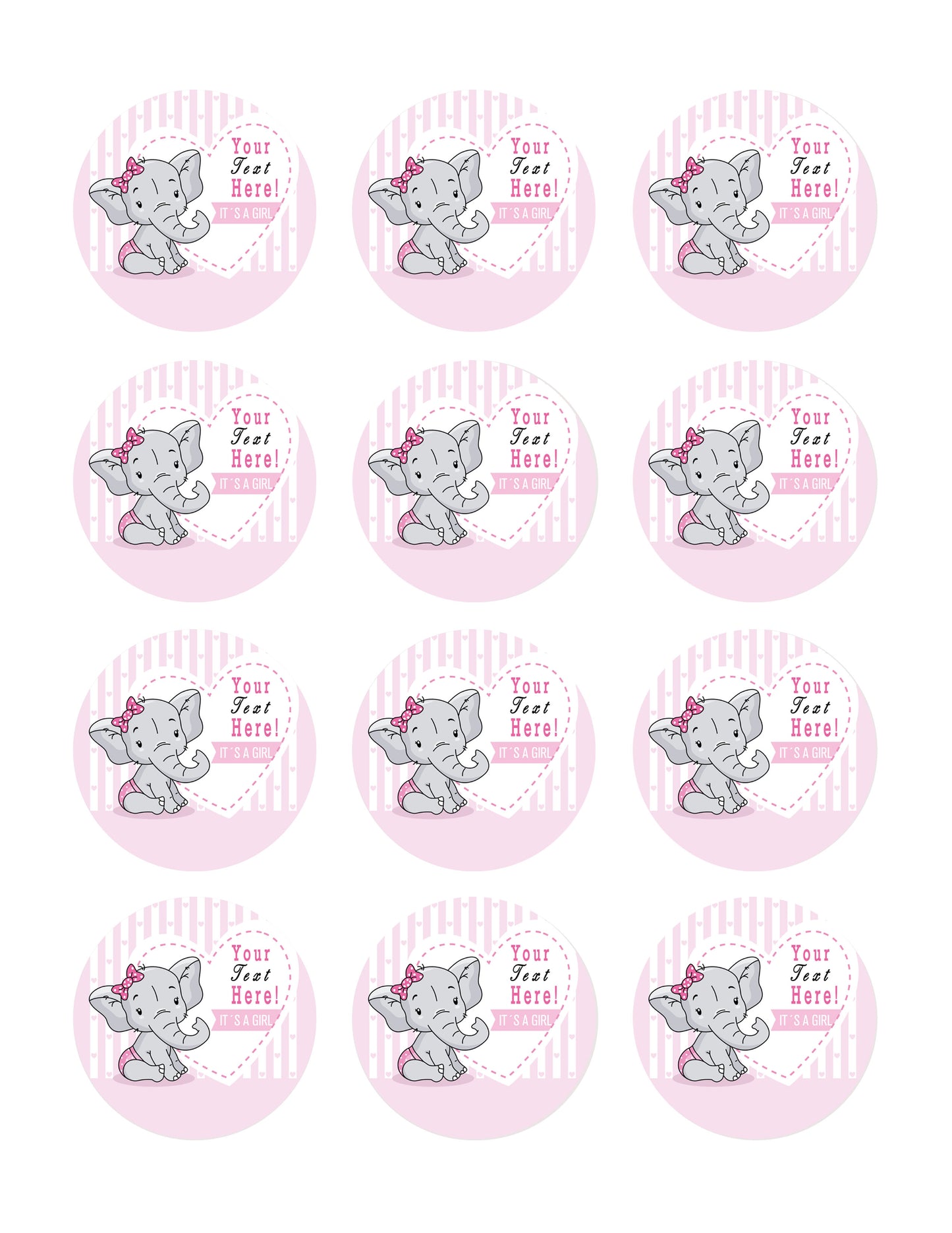 It's a Girl Elephant Baby Shower - Edible Cake Topper, Cupcake Toppers, Strips