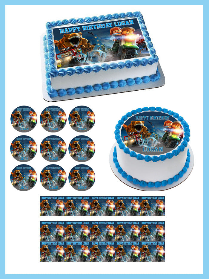 Jurassic World Dinosaur Lego Edible Birthday Cake Topper OR Cupcake Topper, Decor - Edible Prints On Cake (Edible Cake &Cupcake Topper)