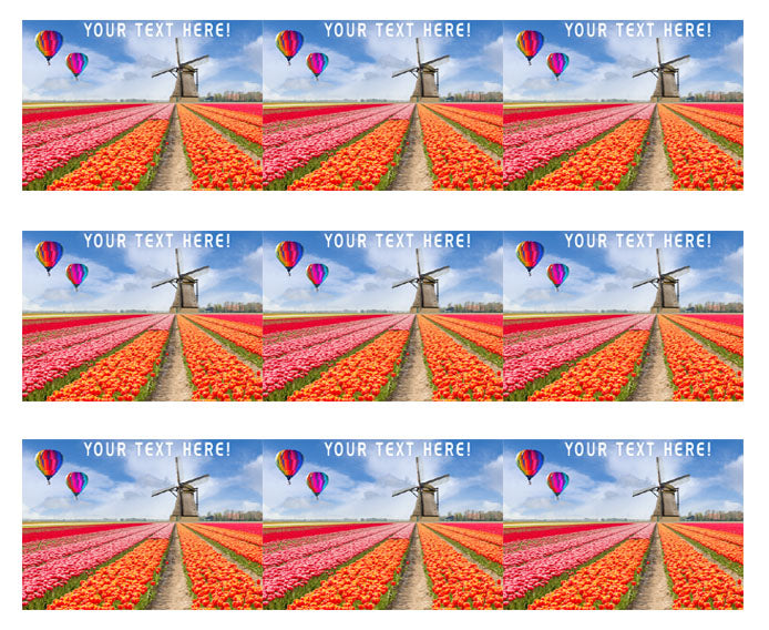 Landscape of Netherlands of Tulips with Hot Air Balloon - Edible Cake Topper, Cupcake Toppers, Strips